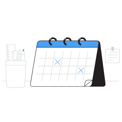 The image depicts a digital illustration of a calendar, accompanied by a pen holder and a piece of paper with writing on it.The calendar is positioned centrally in the image, featuring a white background with a blue header at the top. It has two black rings attached to the top, allowing it to be hung on a wall or placed on a desk.
* The calendar displays a grid pattern with gray lines, indicating the days of the week and the dates within each month.
* Two blue X's are marked on the calendar, one on the 10th and another on the 15th, suggesting that these dates may be significant or important.
* To the left of the calendar, a white pen holder is visible, containing three pens and a pencil. The pens are arranged in a row, with the pencil placed behind them.
* The pen holder appears to be made of plastic or metal, and its rectangular shape allows it to hold multiple writing instruments.
* On the right side of the image, a piece of paper with writing on it is visible. The paper is white and features several lines of text, although the content is not legible due to the low resolution of the image.
* The paper appears to be